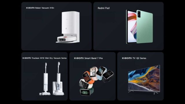 Xiaomi también presentó sus nuevos productos AIoT, conformado por el Xiaomi Robot Vacuum X10+, Xiaomi Truclean W10 Wet Dry Vacuum Series, Xiaomi TV Q2 Series, Xiaomi Smart Band 7 Pro y Redmi Pad.